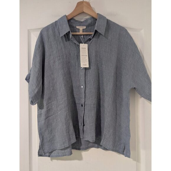 NWT Eileen Fisher | Striped Organic Linen Crinkle Short-Sleeve Shirt - Picture 2 of 11